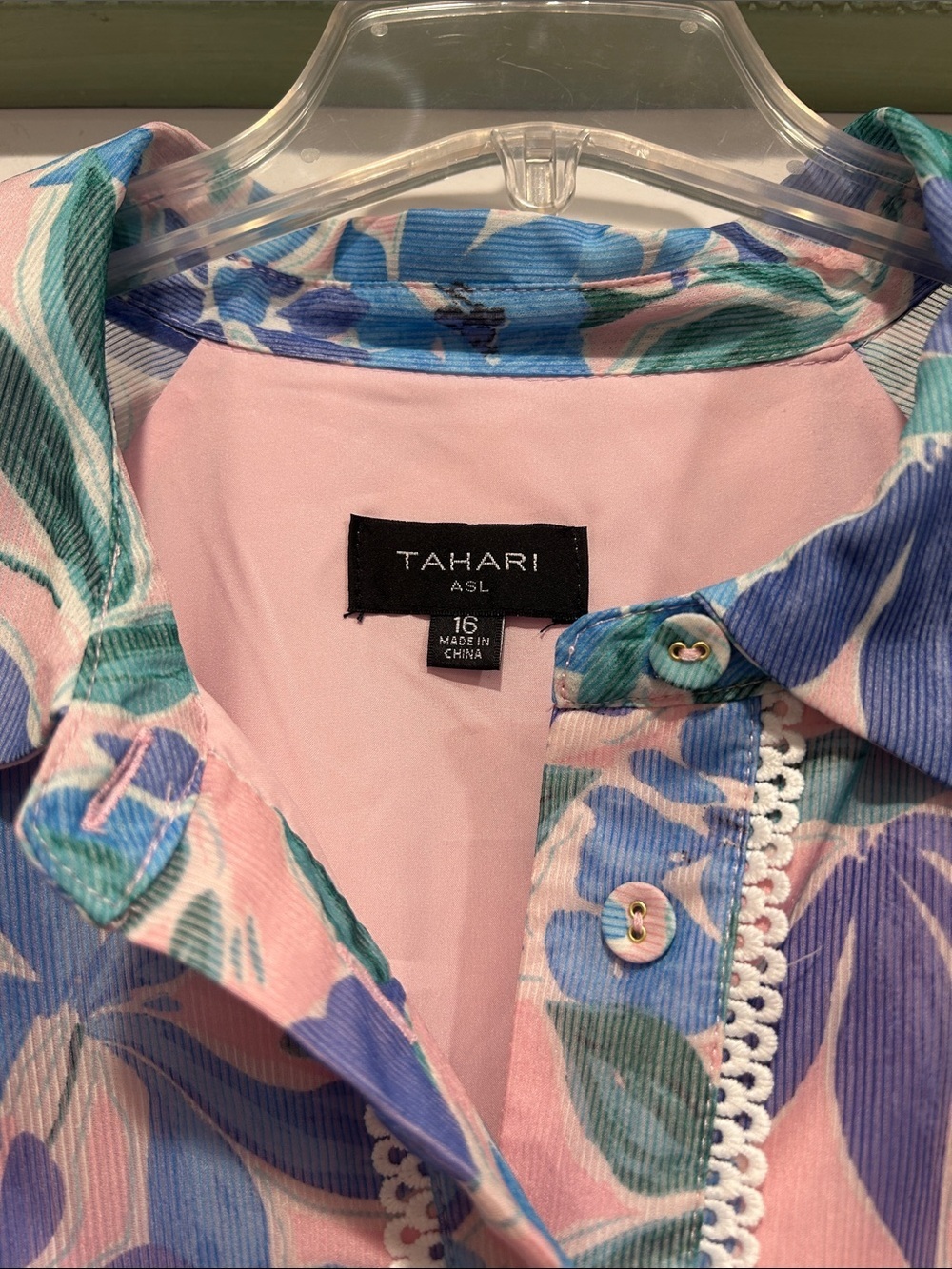 Tahari ASL Pink Floral Button-Up Blouse with Blue and Green Accents - Picture 3 of 6